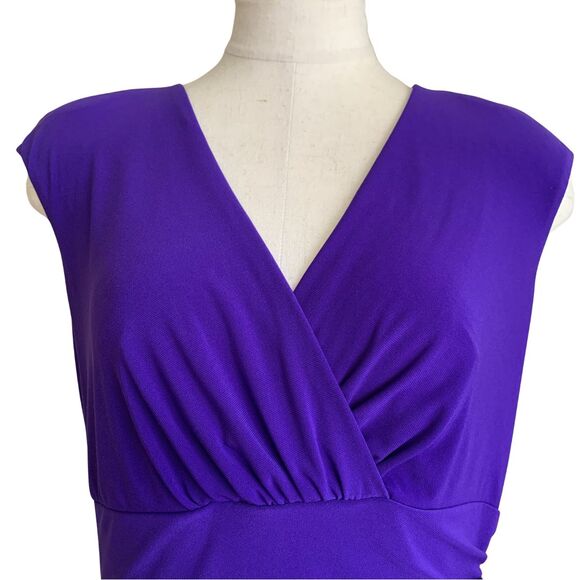 Lauren Ralph Lauren Dress Size 10 Purple Faux Wrap Ruched Cap Sleeve V Neck - Picture 2 of 11